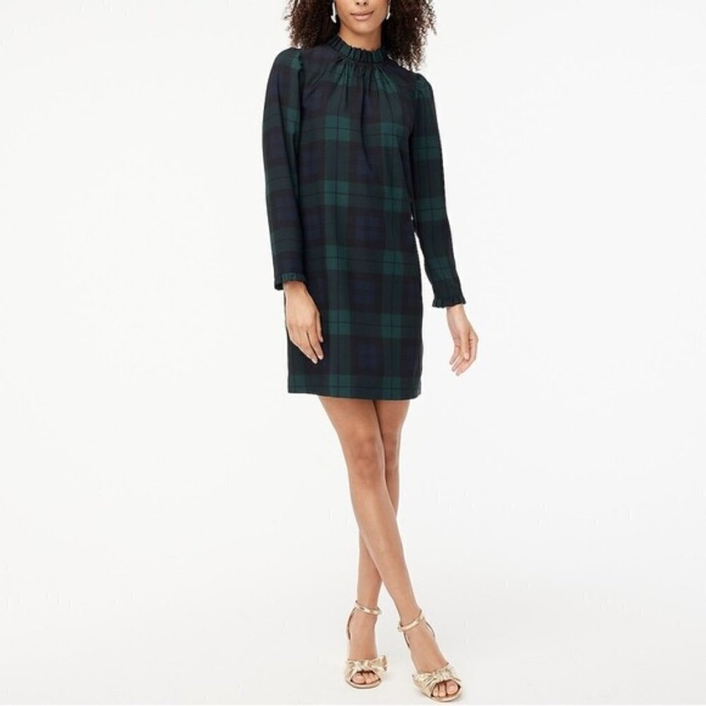 Ruffle neck shift dress in Black Watch plaid
